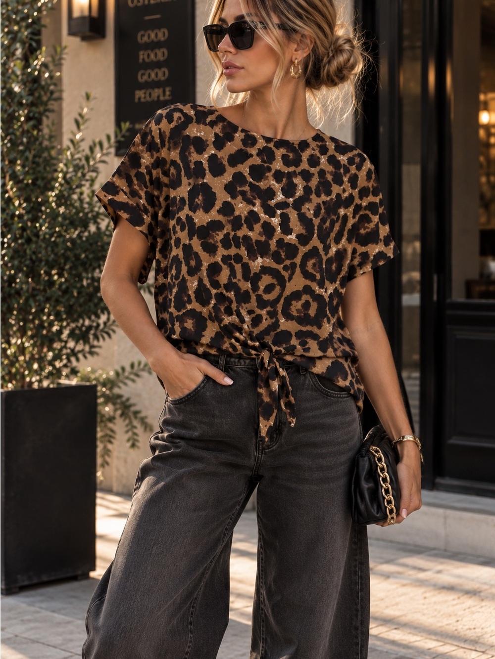 SHEIN Brown & Black Leopard Tie-Front Crop Top